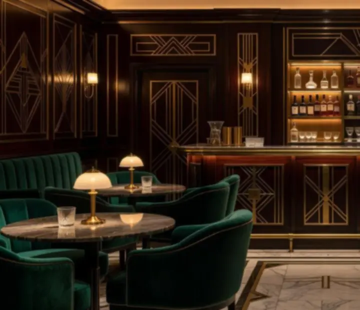 Art Deco bar w restauracji Veres Péter lakásfenntartó Szövetkezet z aksamitnymi sofami i eleganckim blatem barowym