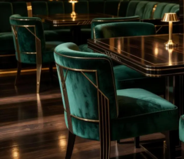 Detal wnętrza w stylu art déco z ciemnym drewnem, aksamitem i mosiężnymi akcentami w restauracji Veres Péter lakásfenntartó Szövetkezet