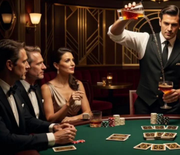 Pokaz barmański przy stole pokerowym z efektowną techniką przygotowywania koktajlu