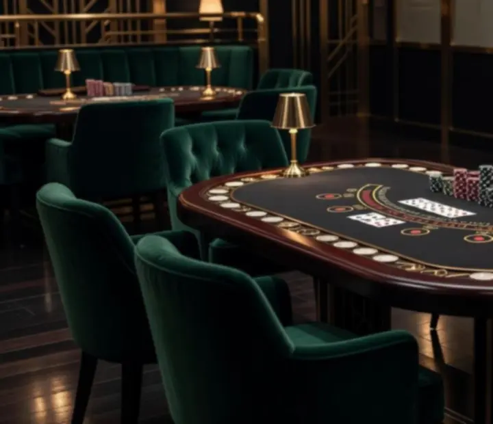 Ekskluzywna strefa blackjack lounge z welurowymi fotelami, stołem do kart i mosiężnymi detalami.