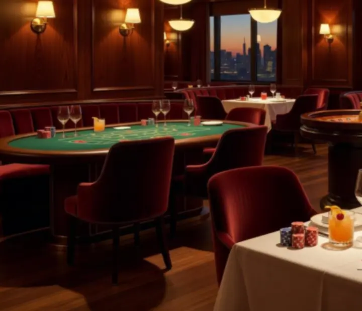 Wieczorna scena w casino lounge z kartami do gry, żetonami i koktajlami na eleganckich stołach