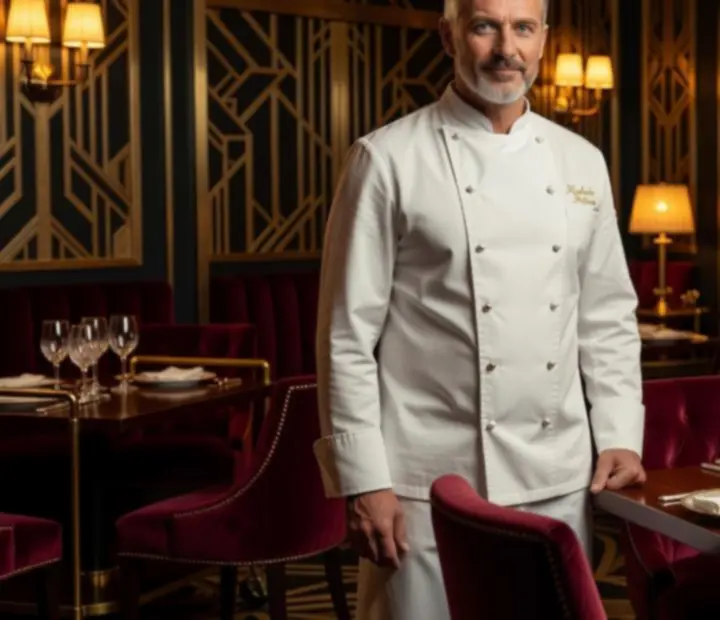 Portret szefa kuchni Veres Péter lakásfenntartó Szövetkezet w art deco wnętrzu
