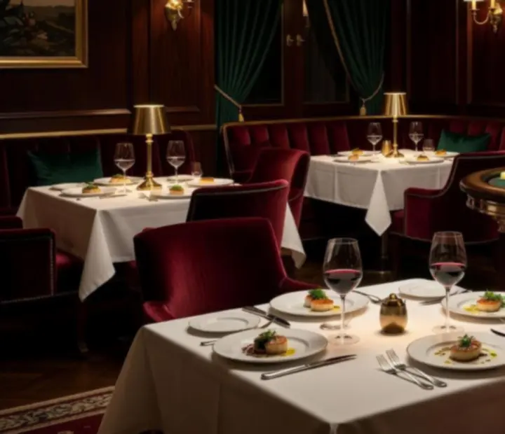 Elegancka sala restauracyjna z nakrytymi stołami, w tle stół pokerowy, ruletka i salon kart w stylu Art Deco