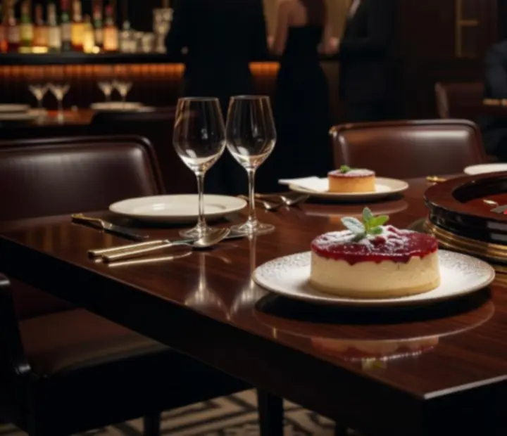 Deser serwowany obok stołu ruletkowego w bistro