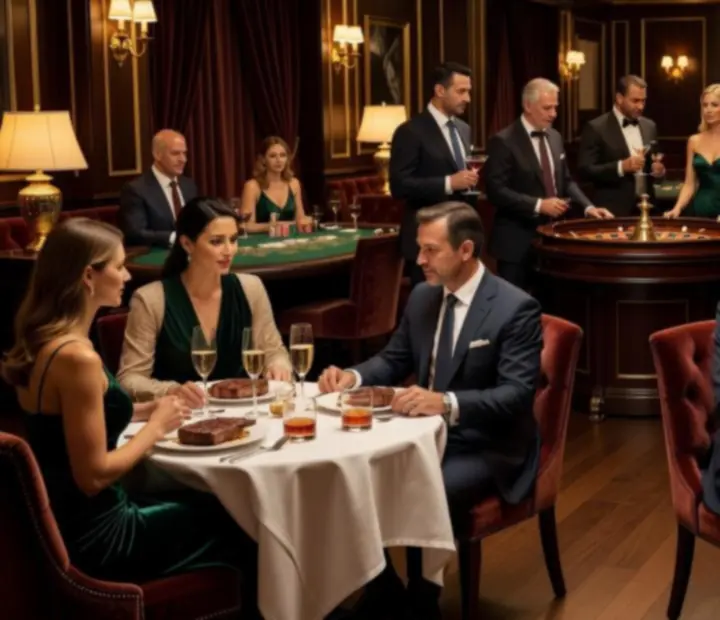 Stek serwowany wieczorem w restauracji z subtelnym widokiem na salon kart