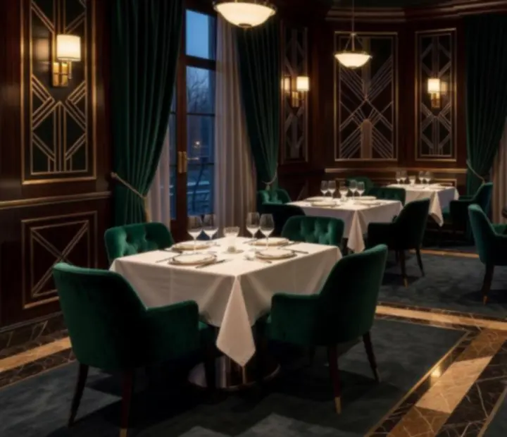 Luksusowe wnętrze restauracji Veres Péter lakásfenntartó Szövetkezet z elegancko nakrytymi stołami i subtelną strefą salonu kart z pokerem, ruletką i blackjackiem.