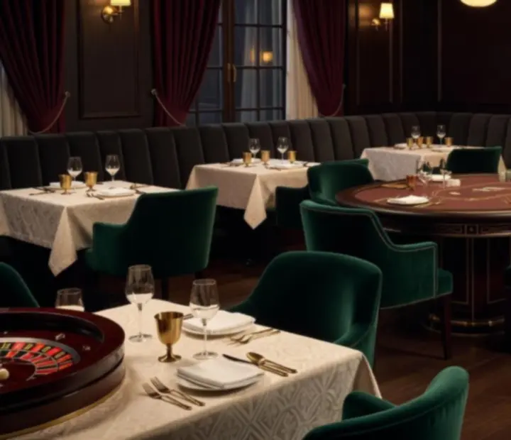 Eleganckie wnętrze restauracji z subtelną strefą salonu kart i kasyna
