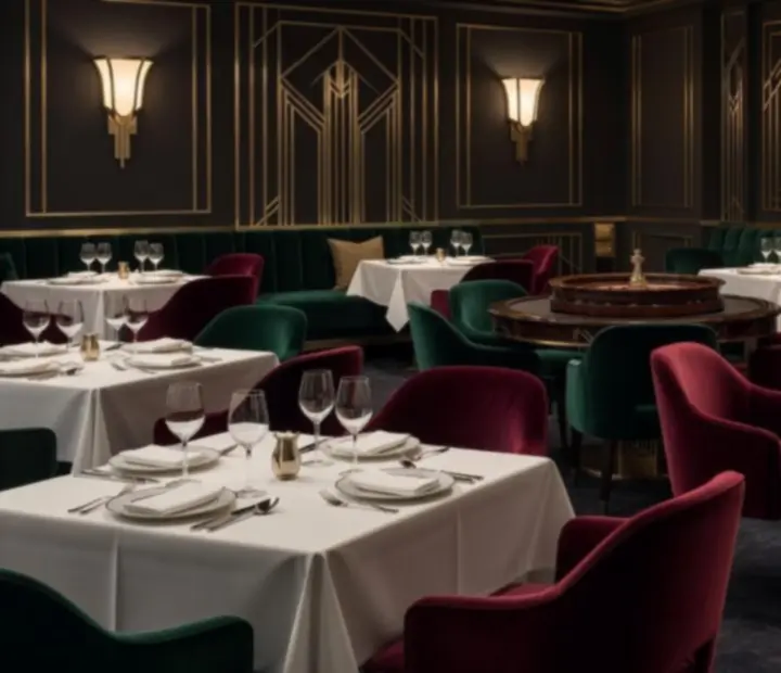 Eleganckie wnętrze restauracji Veres Péter lakásfenntartó Szövetkezet z nakrytymi stołami oraz subtelną strefą salonu kart ze stołem ruletkowym, pokerowym i blackjack