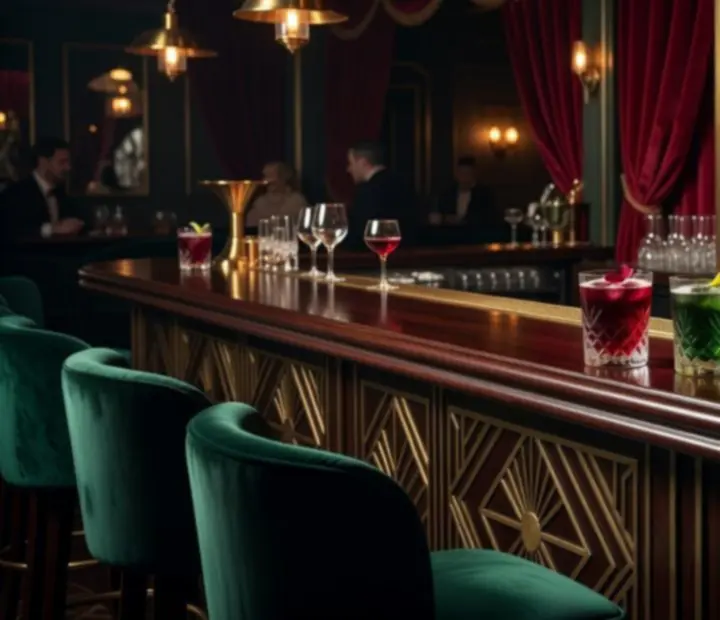Koktajle i kieliszki wina ustawione na barze w eleganckim wnętrzu restauracji
