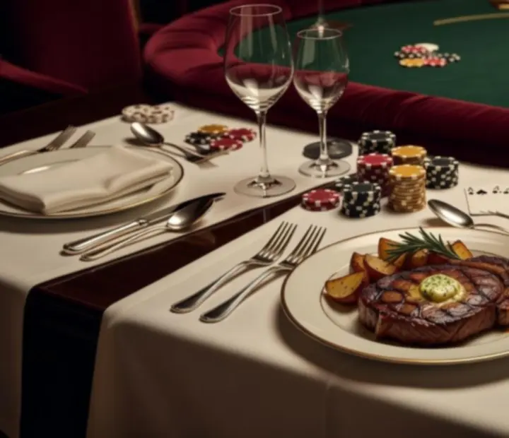 Kolacja w restauracji przy stole do pokera z kartami i żetonami