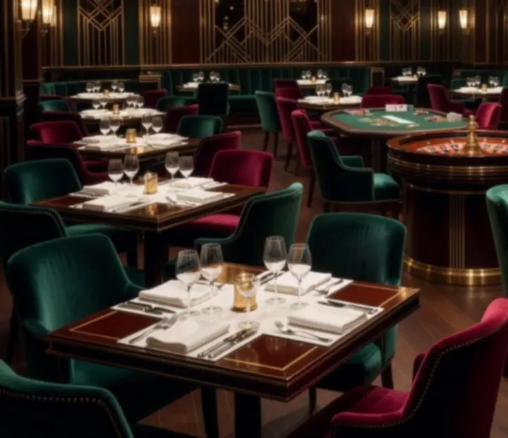 Eleganckie wnętrze restauracji Veres Péter lakásfenntartó Szövetkezet z zastawionymi stolikami i subtelnymi akcentami salonu kart w stylu Art Deco