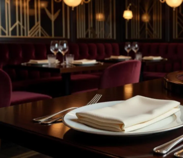 Elegancko nakryty stół w restauracji z kartami do gry, żetonami i dyskretnym stołem ruletkowym w tle