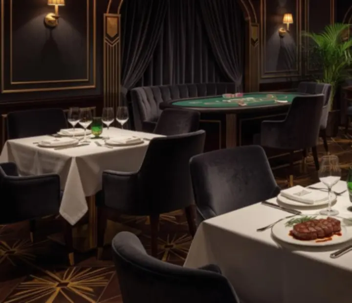 Stek serwowany w eleganckim wnętrzu art déco z nastrojowym światłem i subtelnymi akcentami kasynowego salonu