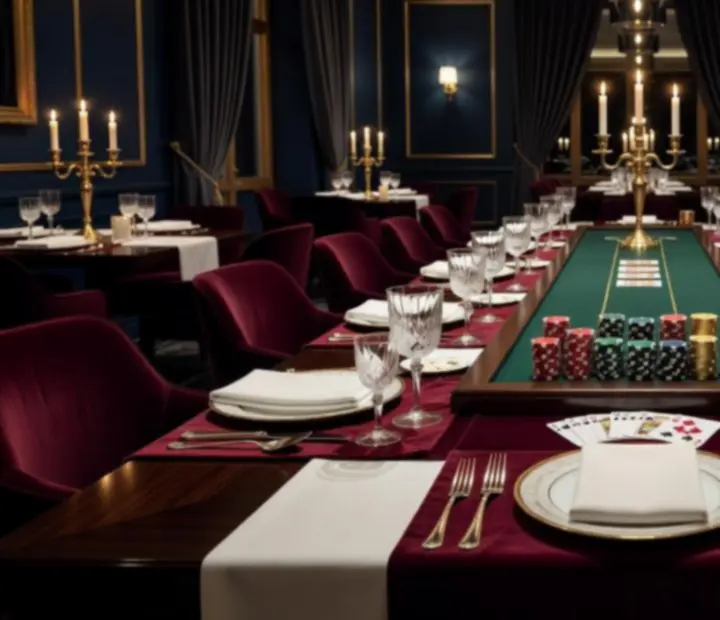 Kolacja tematyczna w restauracji z eleganckimi stołami pokerowymi i nakrytymi stolikami