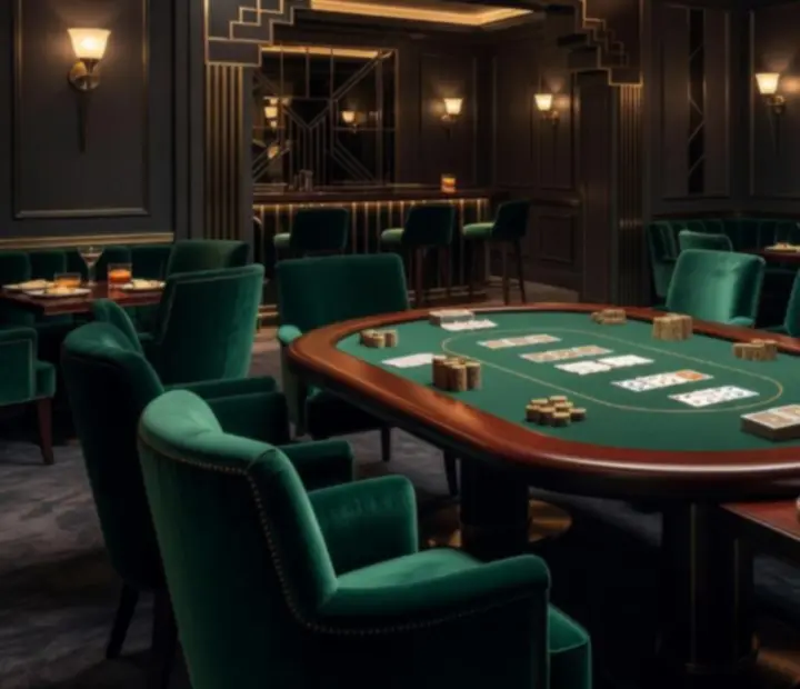 Elegancki stół pokerowy w restauracji z kartami do gry, żetonami i kieliszkami koktajli.