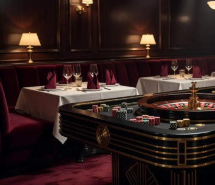 Stylowy stół ruletkowy w eleganckiej restauracji, otoczony kieliszkami i przystawkami.