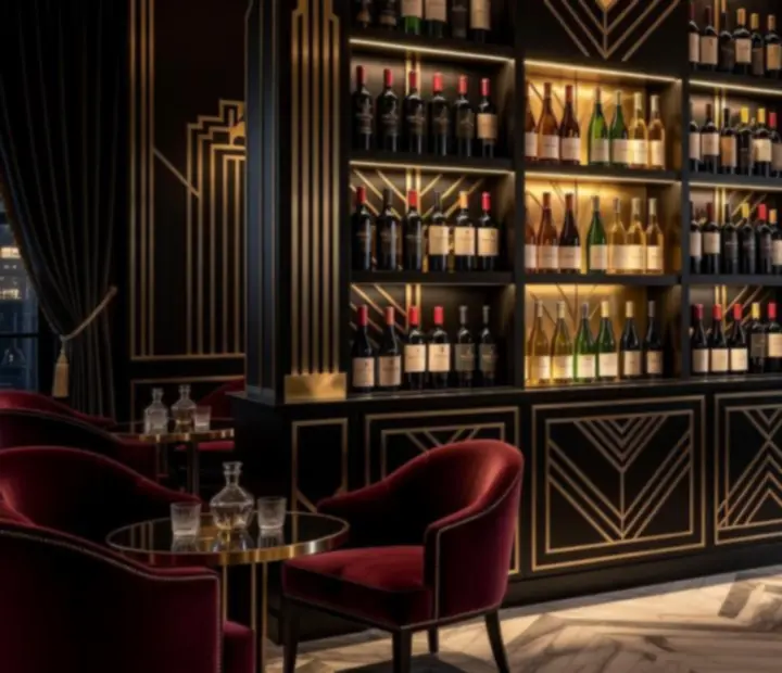 Art déco ściana z winami w eleganckiej restauracji